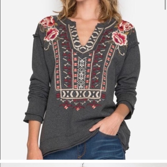 Johnny Was Sweaters - Johnny Was Issoria Embroidered Gray Pull Over Sweater 2x
